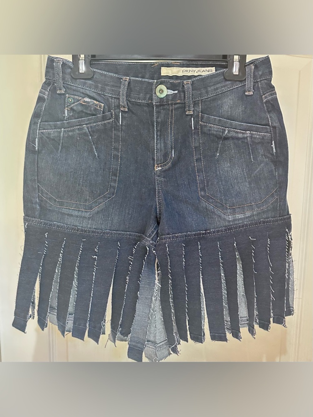 Upcycled DKNY Jeans Dark Wash Fringed Denim Shorts size M - Picture 2 of 6